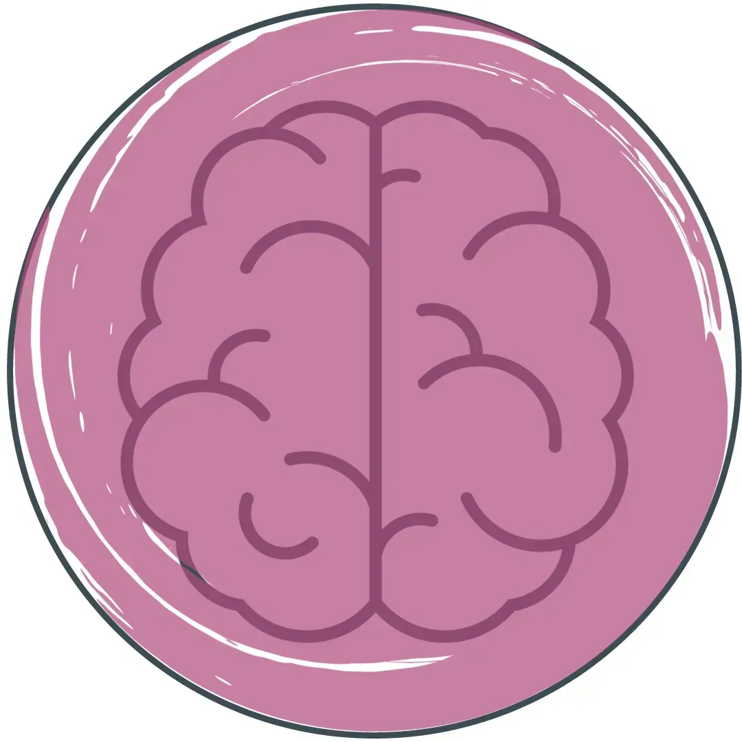 A pink circle icon with a simple line drawing of a human brain, representing neuro-developmental. It has a textured background and a white border.