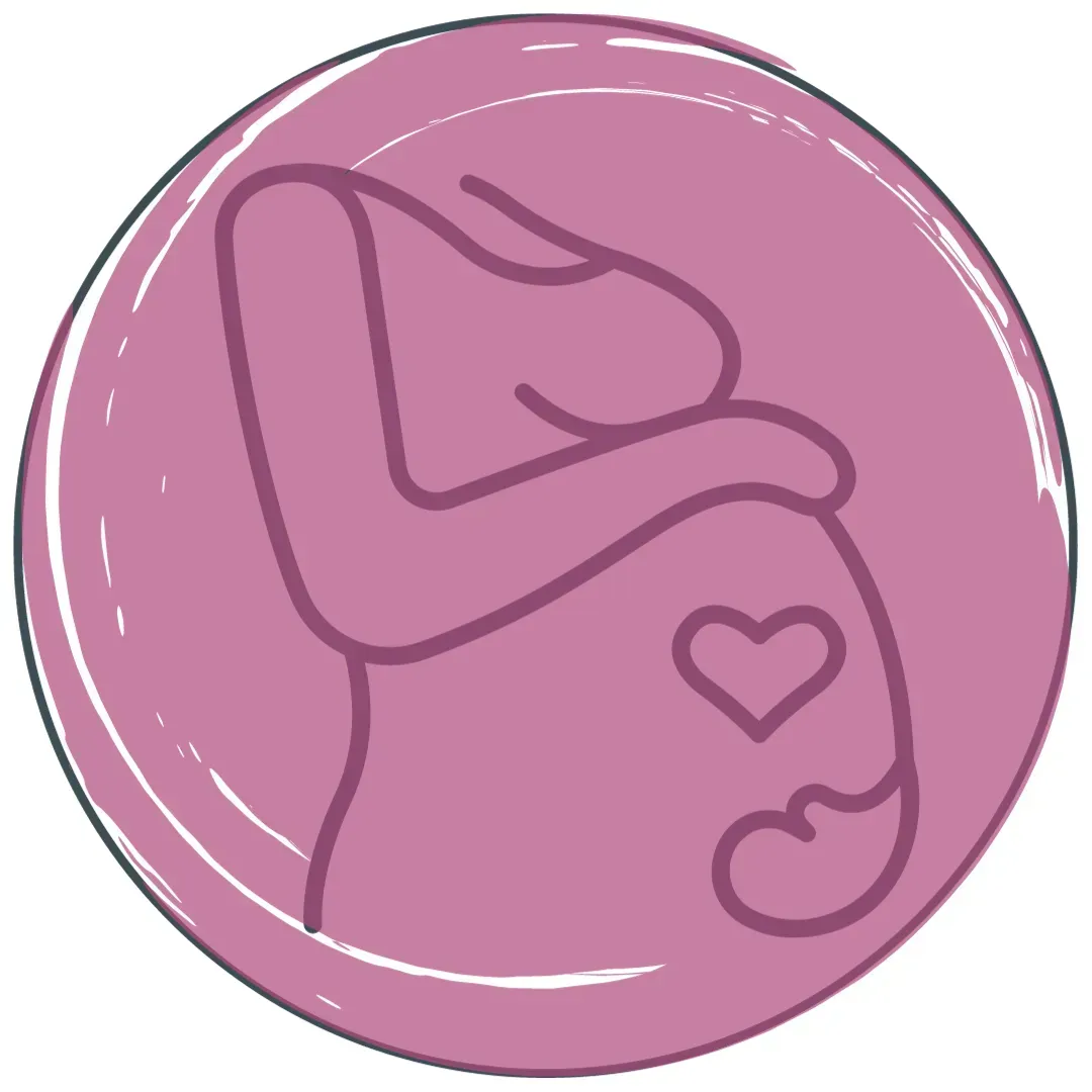A pink circle icon with a line drawing of a pregnant person holding their belly, with a heart and fetus symbol. Textured background.