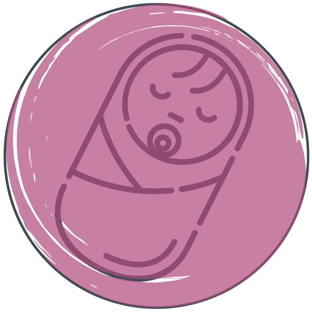 A pink circle icon with a white border shows a simple dark-pink line drawing of a sleeping, swaddled baby with a pacifier. Textured background.