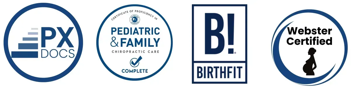 A collage of four professional logos: PX DOCS, a Pediatric & Family Chiropractic certificate, a B! BirthFit logo, and a Webster Certified badge.
