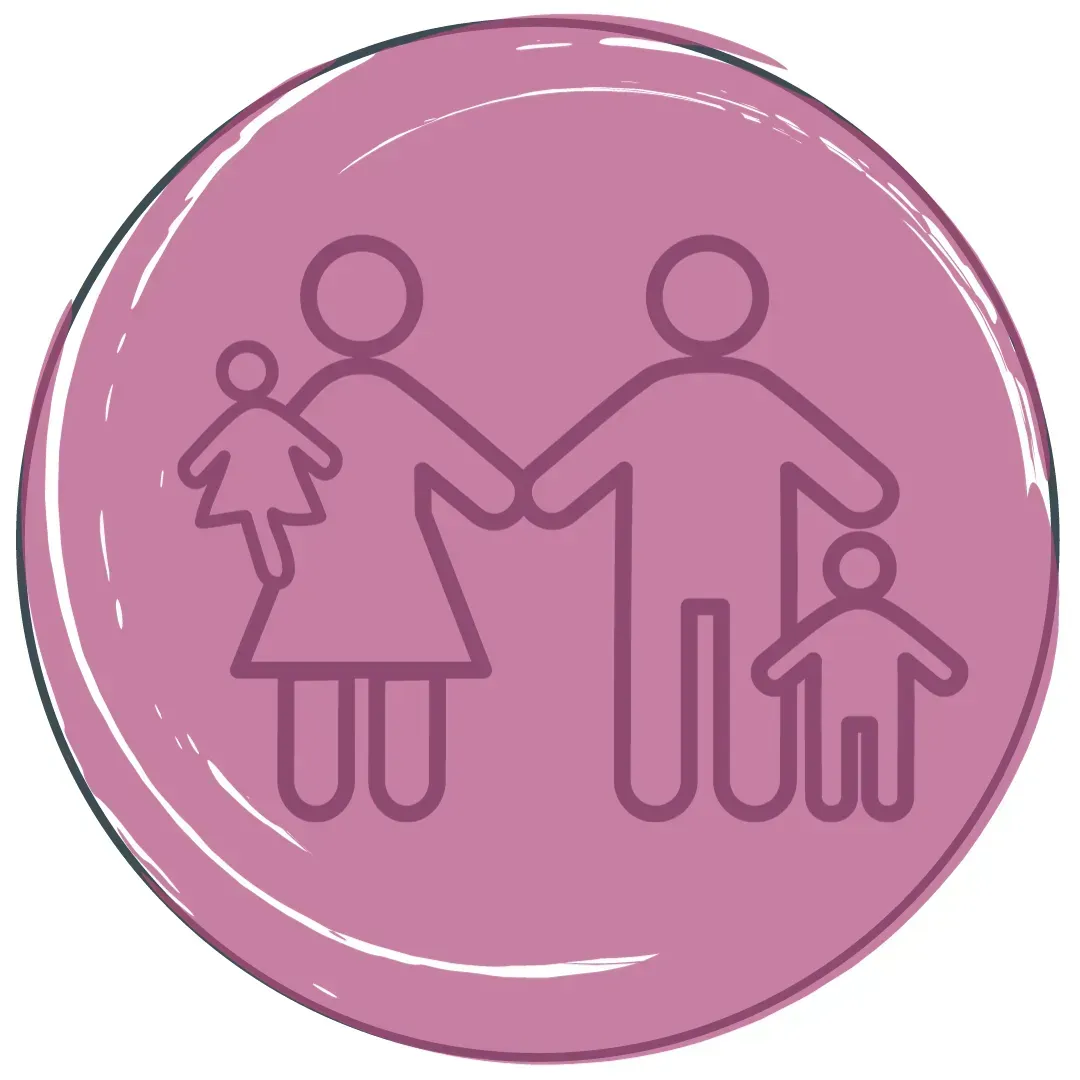 A pink circle icon with a line drawing of a family of four holding hands. One adult holds a smaller child, the other a slightly larger child. Textured background.