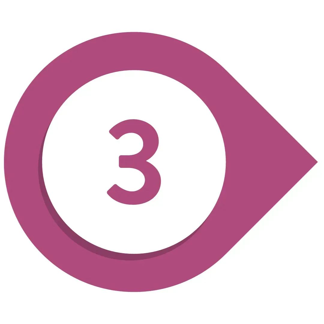 A white circle with the number 3 in the center, surrounded by a larger magenta circular shape with a pointed edge on the right side.
