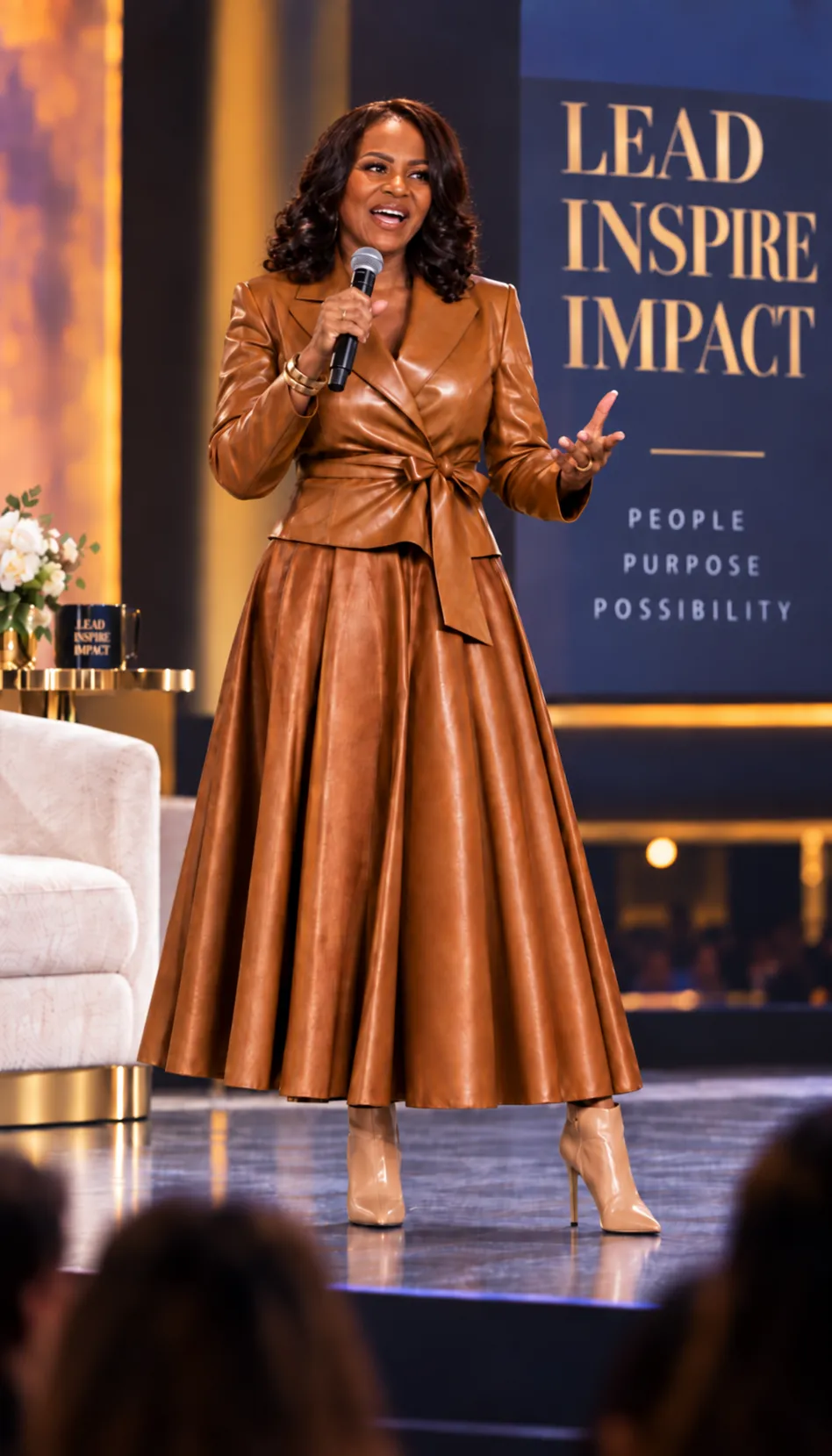 Dr. Varil Williams speaking on stage in a brown coat