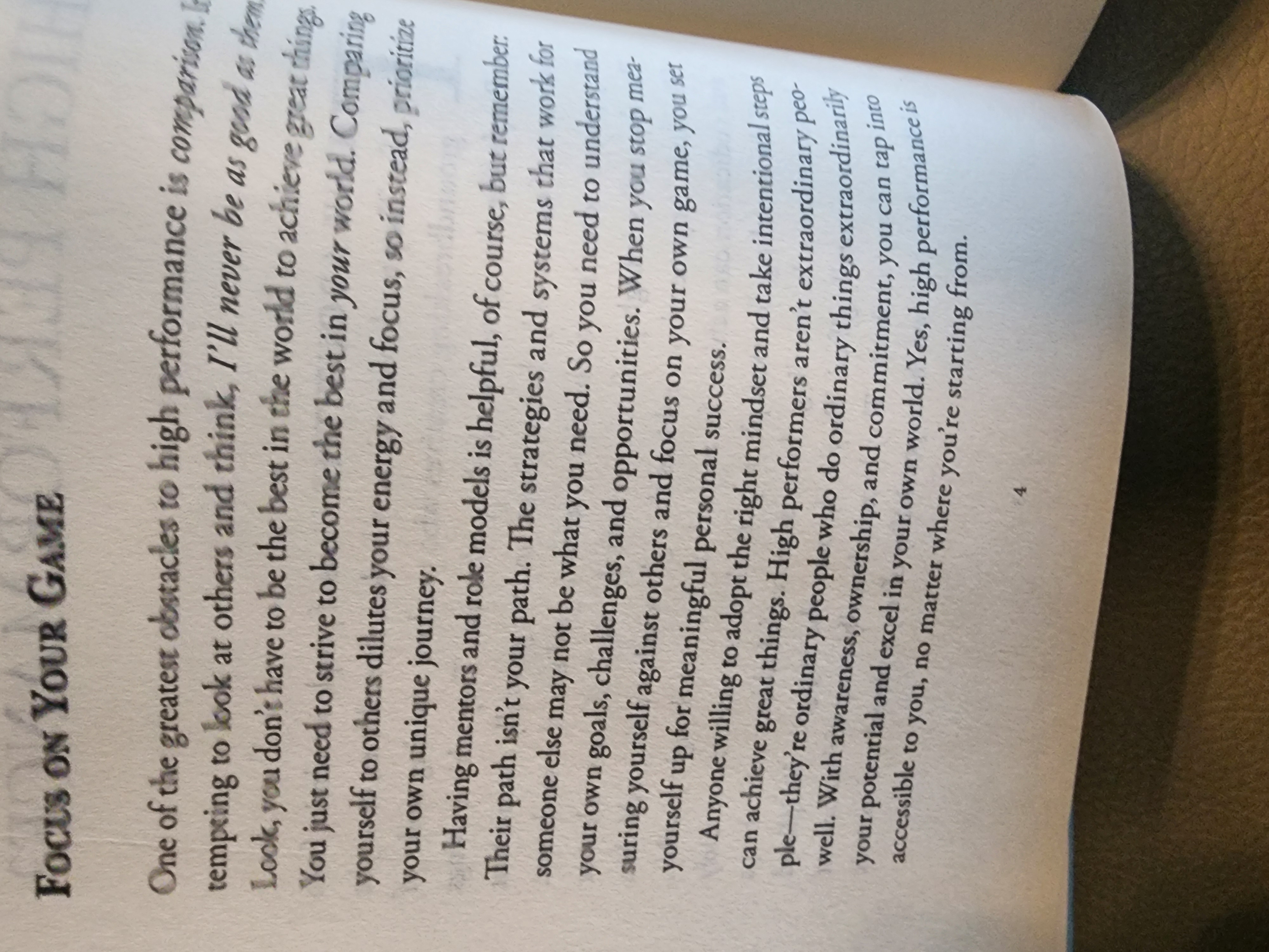 Page 4 of High Performance Living by Mike Hagerty discussing the dangers of comparing yourself to others and the importance of focusing on your own path