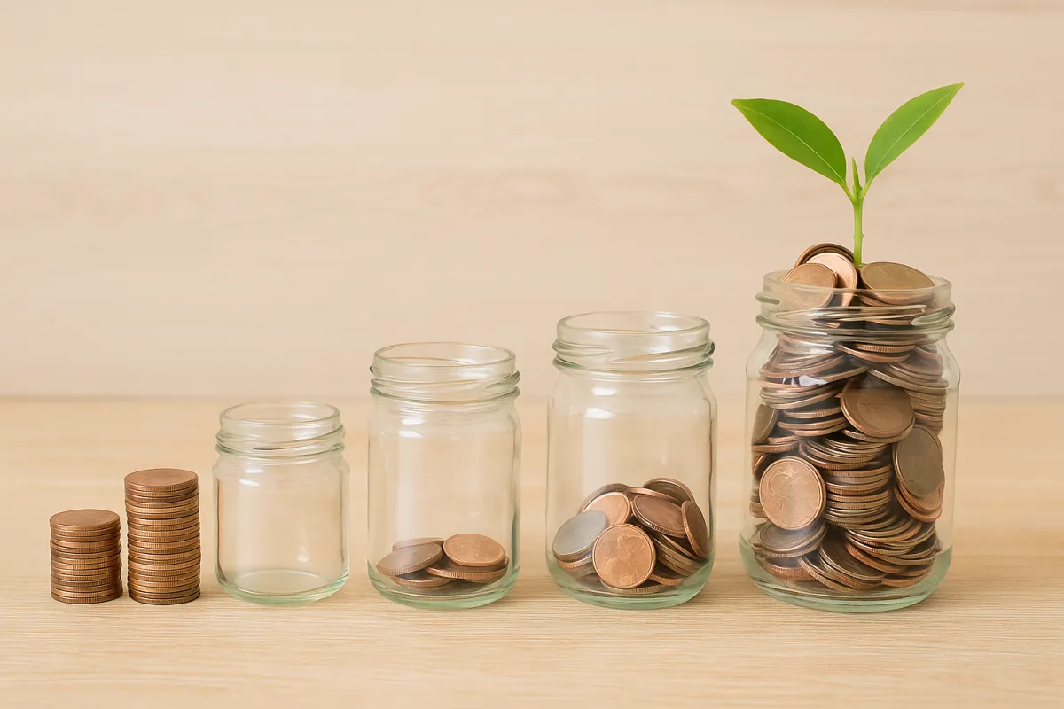 a box of gold coins sitting on a table