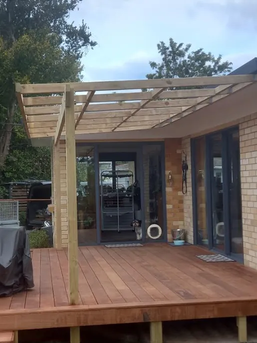 Timber pergola installed over outdoor patio in Bay of Plenty