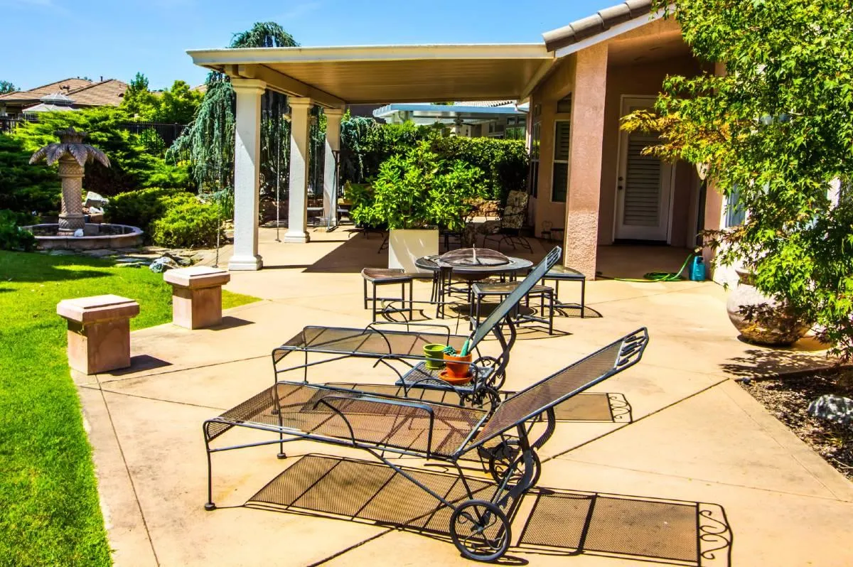 custom stained concrete patio backyard - Roseville, CA