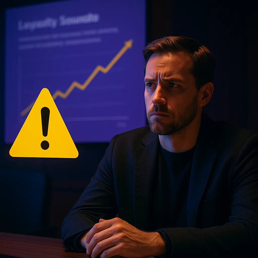 A serious-looking man in a dimly lit conference room studies a glowing yellow warning symbol in front of a purple screen displaying an upward-trending graph, representing the risks of loyalty-based marketing strategies.