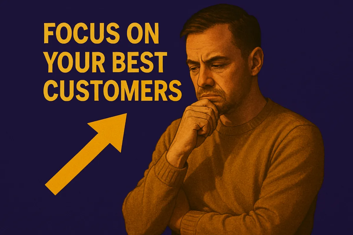 A serious-looking man in a dimly lit conference room studies a glowing yellow warning symbol in front of a purple screen displaying an upward-trending graph, representing the risks of loyalty-based marketing strategies.
