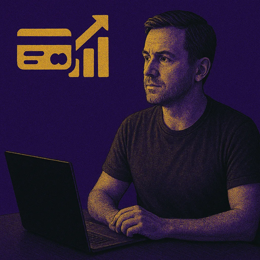 A cinematic digital illustration of a light-skinned man in his late 30s sitting at a desk with a laptop, looking thoughtfully ahead. The background is deep Regal Purple, with two glowing yellow icons—a loyalty card and an upward-trending graph—floating above the laptop, symbolizing marketing strategy and growth. The image has a textured, screen-printed style and uses the brand color palette of purple, yellow, black, and white.