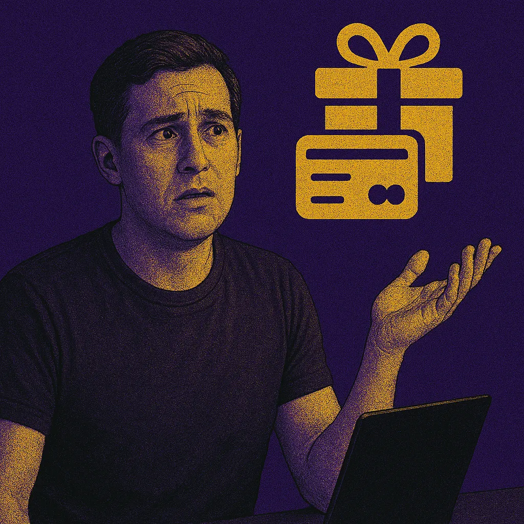 A stylized digital illustration of a young man with short dark hair, wearing a black t-shirt, seated at a desk with a laptop. He raises one hand in a confused or questioning gesture while glancing toward two yellow icons—a gift box and a loyalty card—floating above. The background is a textured Regal Purple, with contrasting yellow highlights, creating a vintage, screen-printed aesthetic.