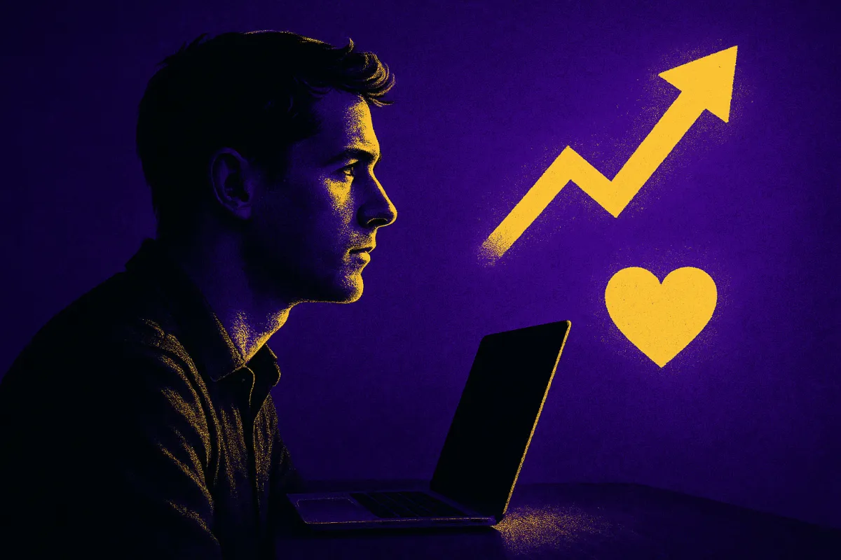 A stylized digital illustration of a young man with short dark hair intently facing a laptop, set against a deep purple background. On the right, two glowing yellow icons—a zigzag upward arrow and a heart—symbolize brand growth and loyalty. The warm lighting highlights his focused expression, evoking a cinematic, contrast-rich mood.      Ask ChatGPT