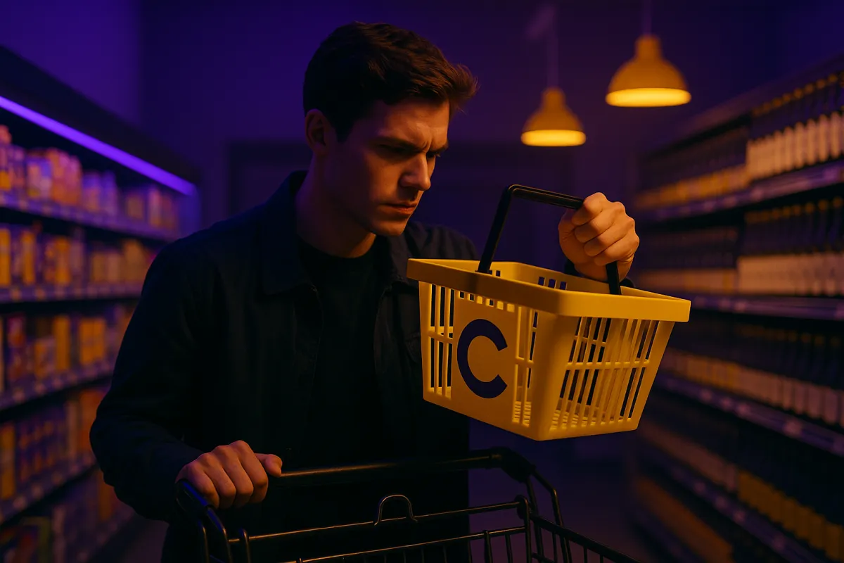 A cinematic digital image of a young man in a dimly lit supermarket aisle, holding a bright yellow shopping basket marked with a bold purple "C" logo. He appears focused and contemplative as he examines the basket, while warm yellow pendant lights and Regal Purple tones fill the scene, evoking brand-driven marketing symbolism and purchase behavior cues.