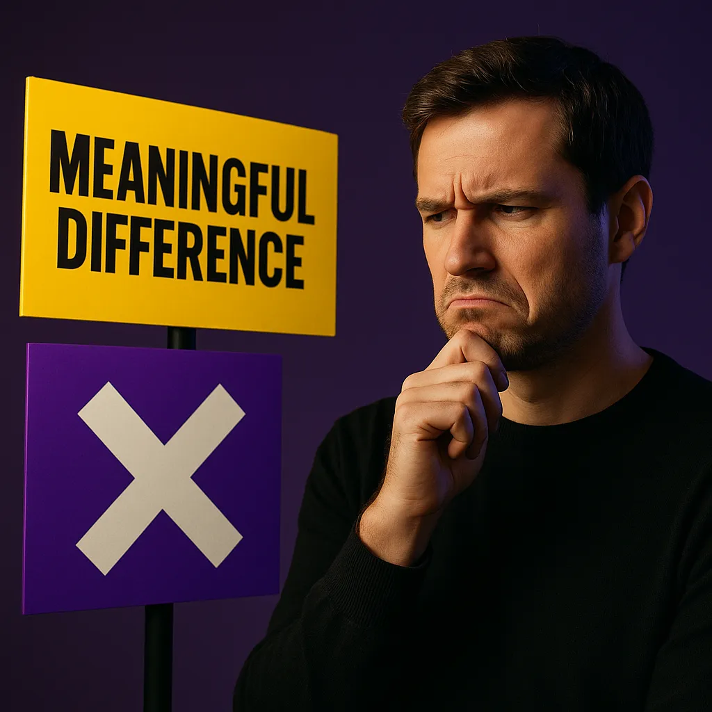 A skeptical man in a black sweater contemplates two bold signs—one yellow reading “Meaningful Difference” and another purple with a white X—against a dark purple backdrop.