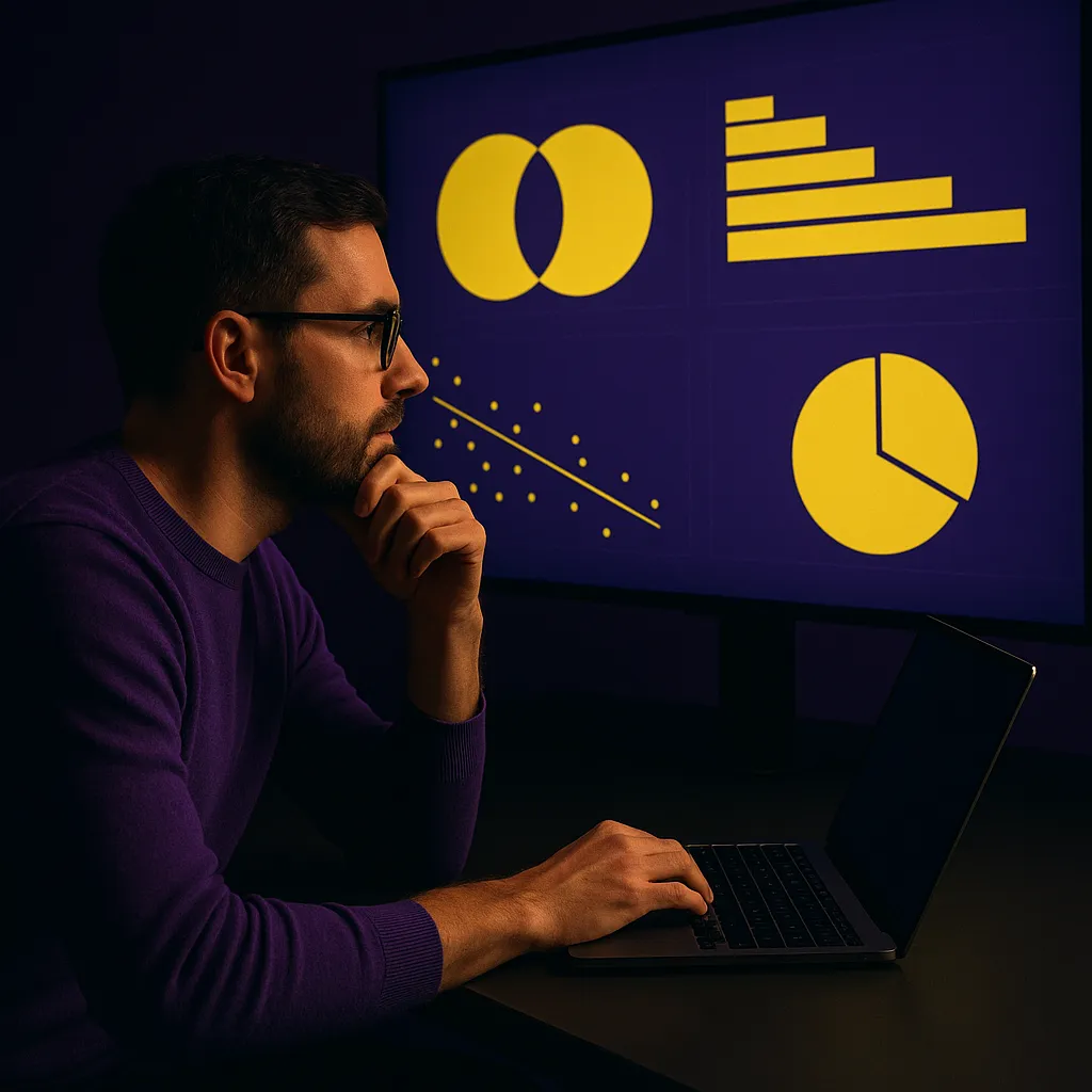 A stylized digital illustration of a young man with short dark hair, wearing a black t-shirt, seated at a desk with a laptop. He raises one hand in a confused or questioning gesture while glancing toward two yellow icons—a gift box and a loyalty card—floating above. The background is a textured Regal Purple, with contrasting yellow highlights, creating a vintage, screen-printed aesthetic.