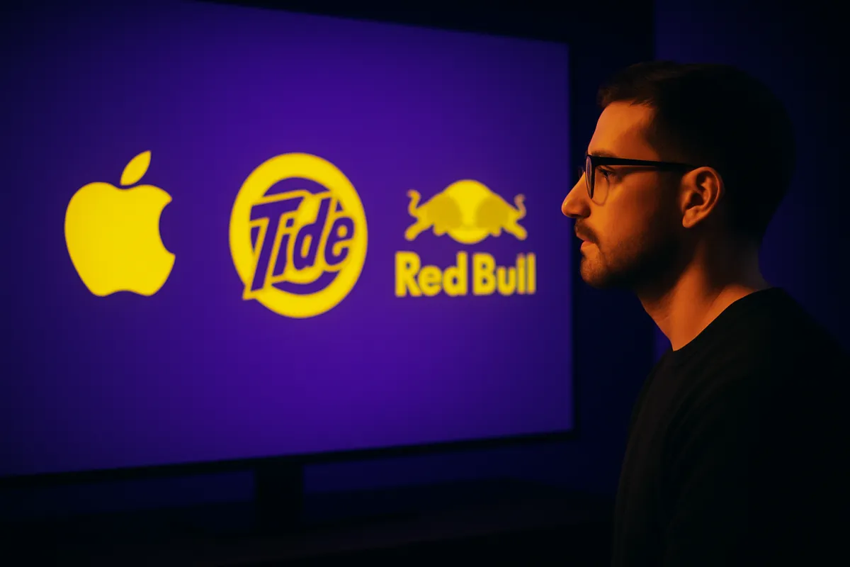 A stylized digital illustration of a young man with short dark hair intently facing a laptop, set against a deep purple background. On the right, two glowing yellow icons—a zigzag upward arrow and a heart—symbolize brand growth and loyalty. The warm lighting highlights his focused expression, evoking a cinematic, contrast-rich mood.      Ask ChatGPT