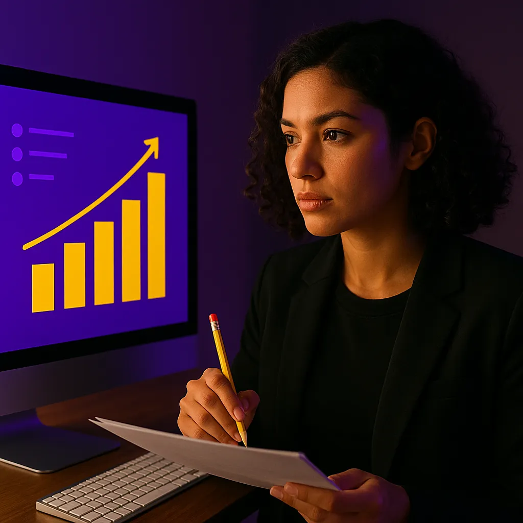 A stylized digital illustration of a young man with short dark hair intently facing a laptop, set against a deep purple background. On the right, two glowing yellow icons—a zigzag upward arrow and a heart—symbolize brand growth and loyalty. The warm lighting highlights his focused expression, evoking a cinematic, contrast-rich mood.      Ask ChatGPT