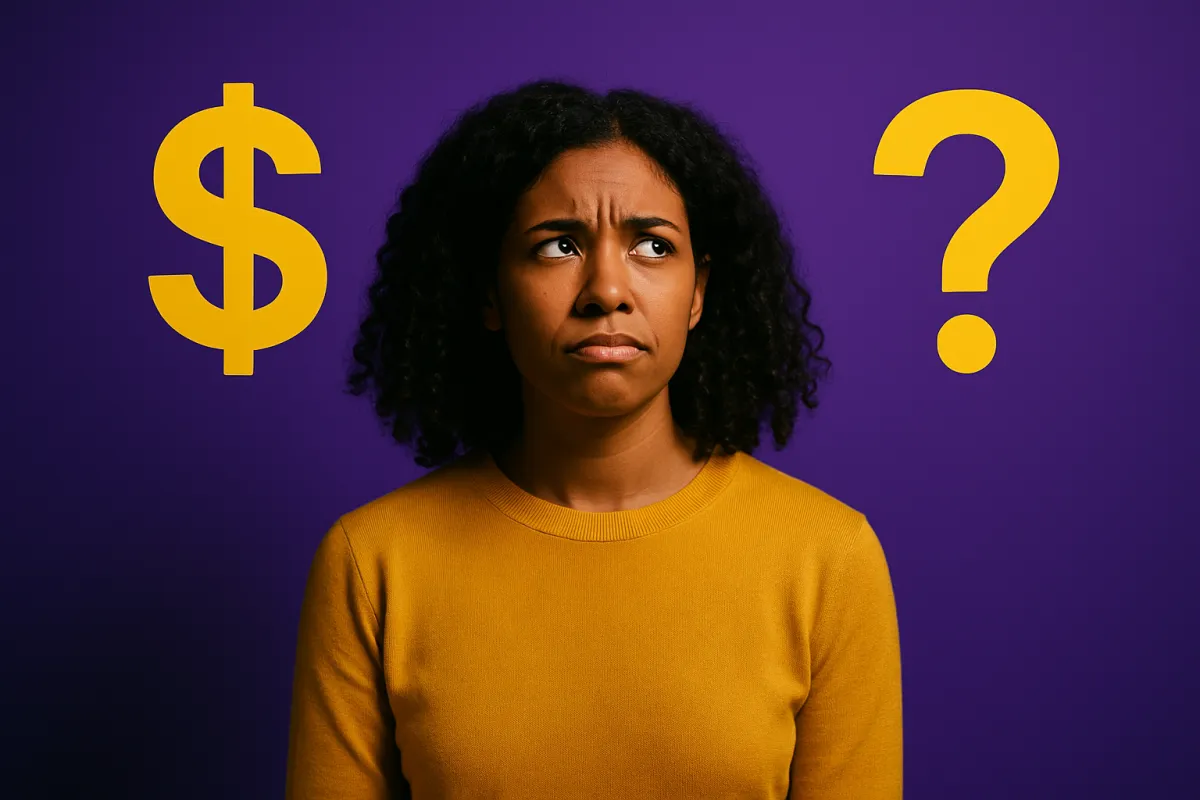 A skeptical man in a black sweater contemplates two bold signs—one yellow reading “Meaningful Difference” and another purple with a white X—against a dark purple backdrop.