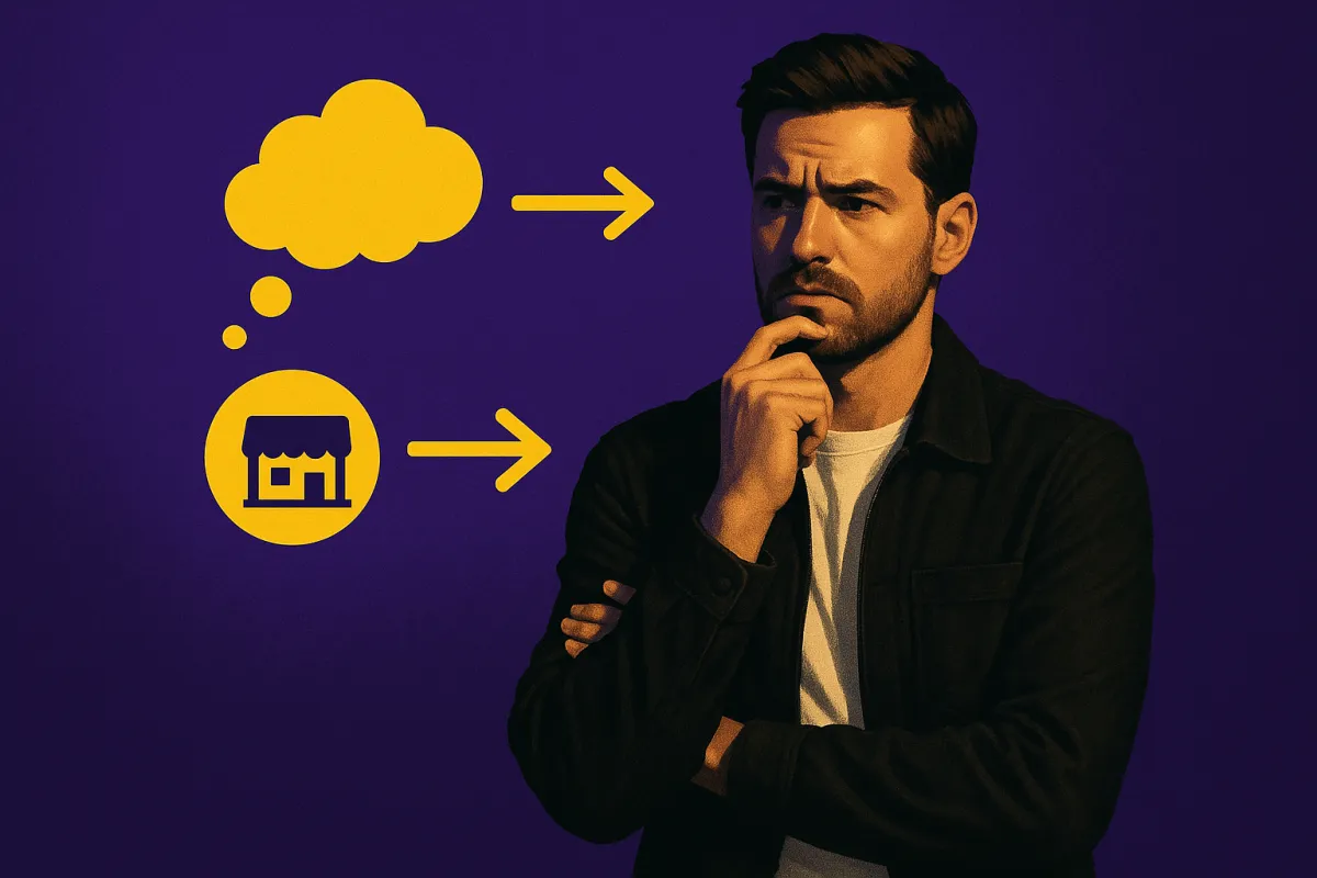 A stylized digital illustration of a young man with short dark hair intently facing a laptop, set against a deep purple background. On the right, two glowing yellow icons—a zigzag upward arrow and a heart—symbolize brand growth and loyalty. The warm lighting highlights his focused expression, evoking a cinematic, contrast-rich mood.      Ask ChatGPT
