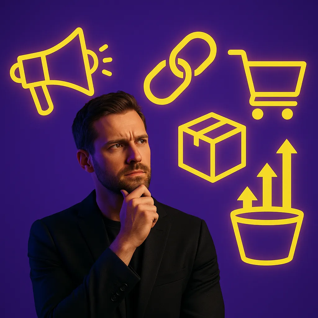A stylized digital illustration of a young man with short dark hair intently facing a laptop, set against a deep purple background. On the right, two glowing yellow icons—a zigzag upward arrow and a heart—symbolize brand growth and loyalty. The warm lighting highlights his focused expression, evoking a cinematic, contrast-rich mood.      Ask ChatGPT