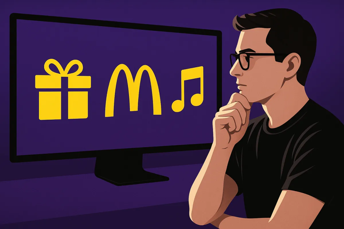 A stylized digital illustration of a young man with short dark hair, wearing a black t-shirt, seated at a desk with a laptop. He raises one hand in a confused or questioning gesture while glancing toward two yellow icons—a gift box and a loyalty card—floating above. The background is a textured Regal Purple, with contrasting yellow highlights, creating a vintage, screen-printed aesthetic.