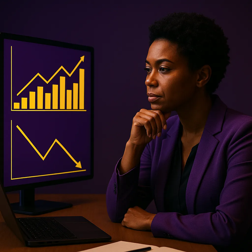 A serious-looking man in a dimly lit conference room studies a glowing yellow warning symbol in front of a purple screen displaying an upward-trending graph, representing the risks of loyalty-based marketing strategies.