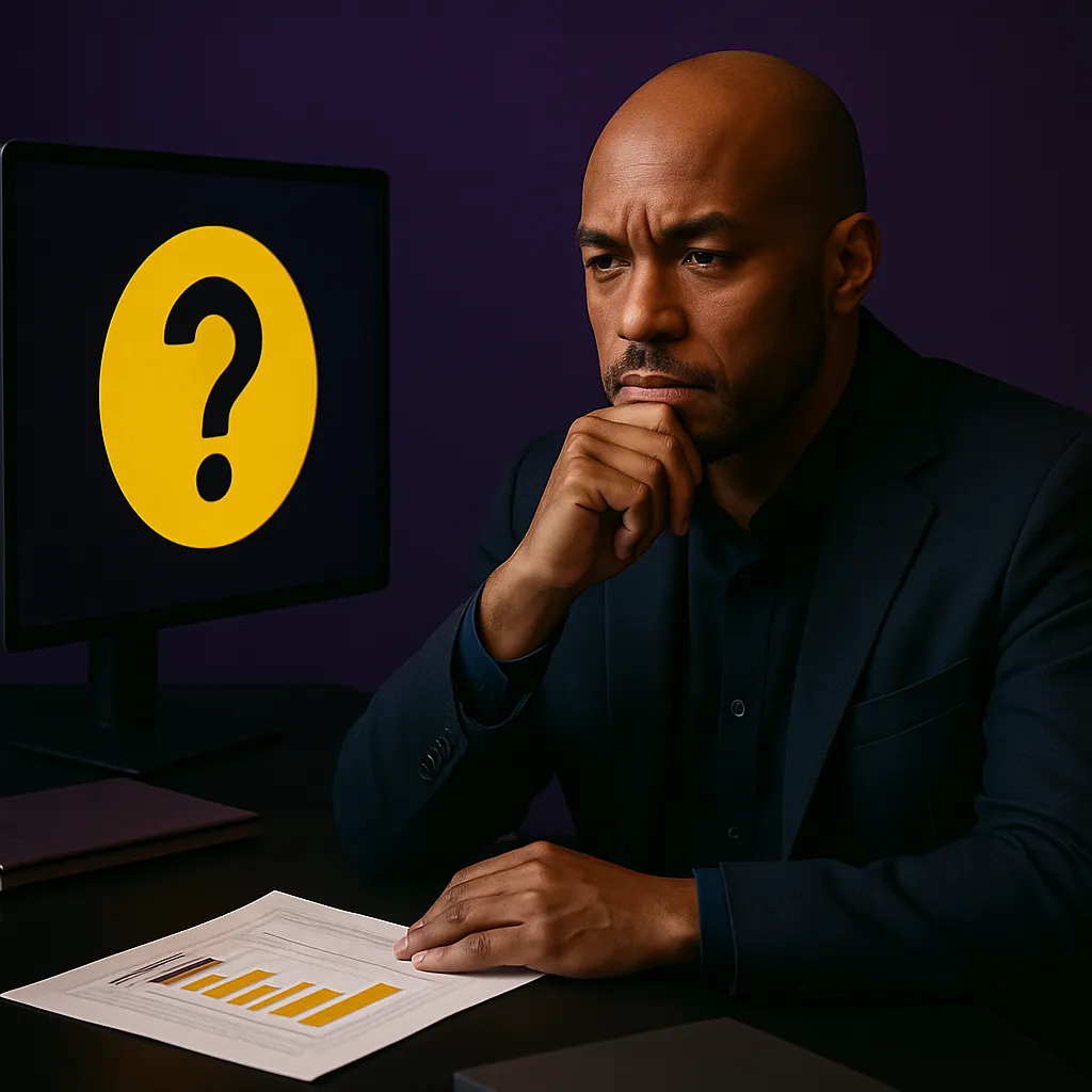 A focused man in a dark blazer sits with arms crossed in a dimly lit conference room, gazing toward a glowing bar graph on a screen that displays rising yellow bars against a purple background—symbolizing how brand growth precedes customer loyalty