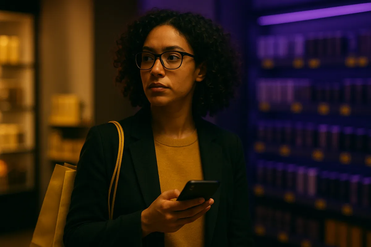 A serious-looking man in a dimly lit conference room studies a glowing yellow warning symbol in front of a purple screen displaying an upward-trending graph, representing the risks of loyalty-based marketing strategies.