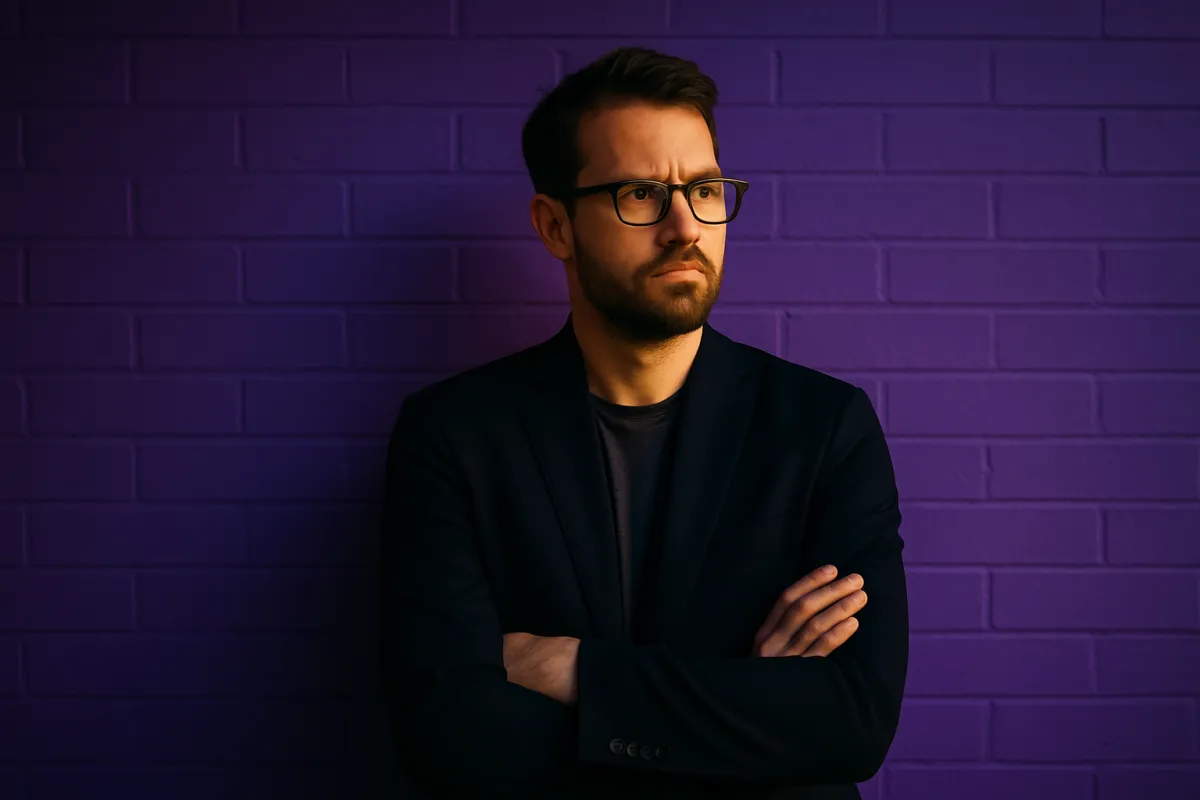 A serious-looking man in a dimly lit conference room studies a glowing yellow warning symbol in front of a purple screen displaying an upward-trending graph, representing the risks of loyalty-based marketing strategies.