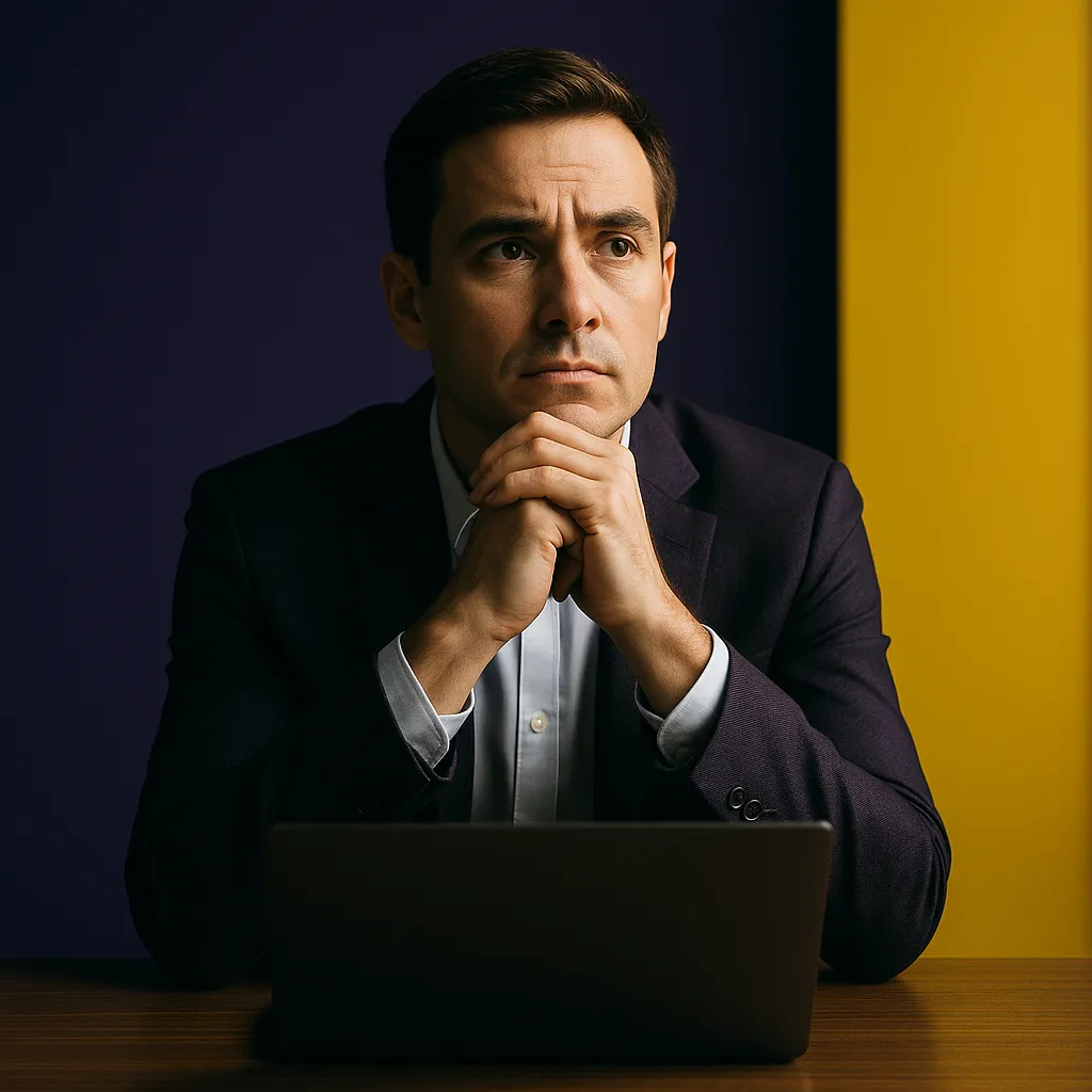A serious-looking man in a dimly lit conference room studies a glowing yellow warning symbol in front of a purple screen displaying an upward-trending graph, representing the risks of loyalty-based marketing strategies.