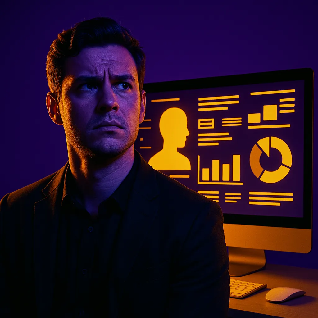 A serious-looking man in a dimly lit conference room studies a glowing yellow warning symbol in front of a purple screen displaying an upward-trending graph, representing the risks of loyalty-based marketing strategies.