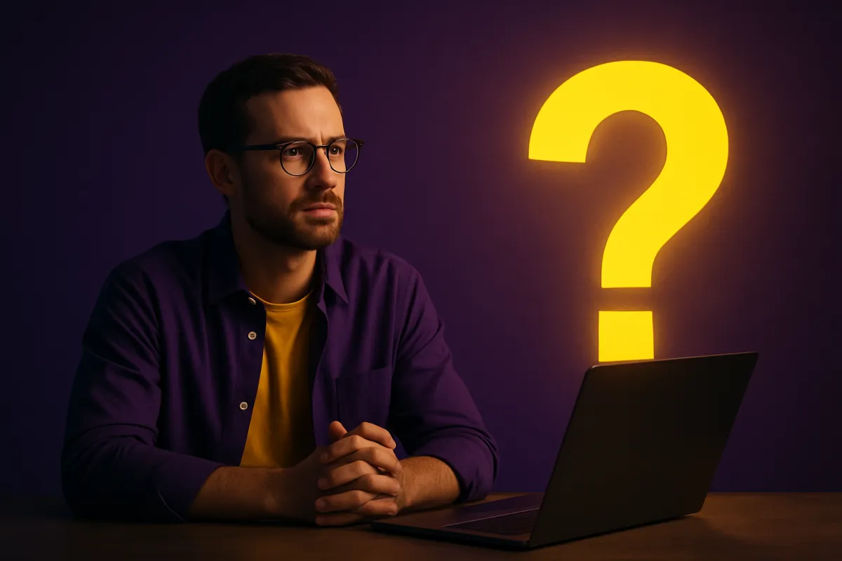 A serious-looking man in a dimly lit conference room studies a glowing yellow warning symbol in front of a purple screen displaying an upward-trending graph, representing the risks of loyalty-based marketing strategies.