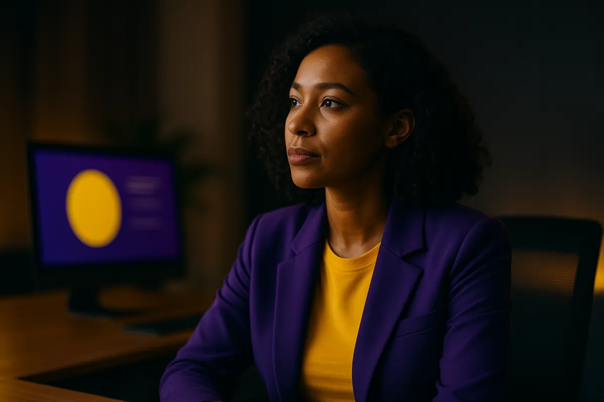 A serious-looking man in a dimly lit conference room studies a glowing yellow warning symbol in front of a purple screen displaying an upward-trending graph, representing the risks of loyalty-based marketing strategies.