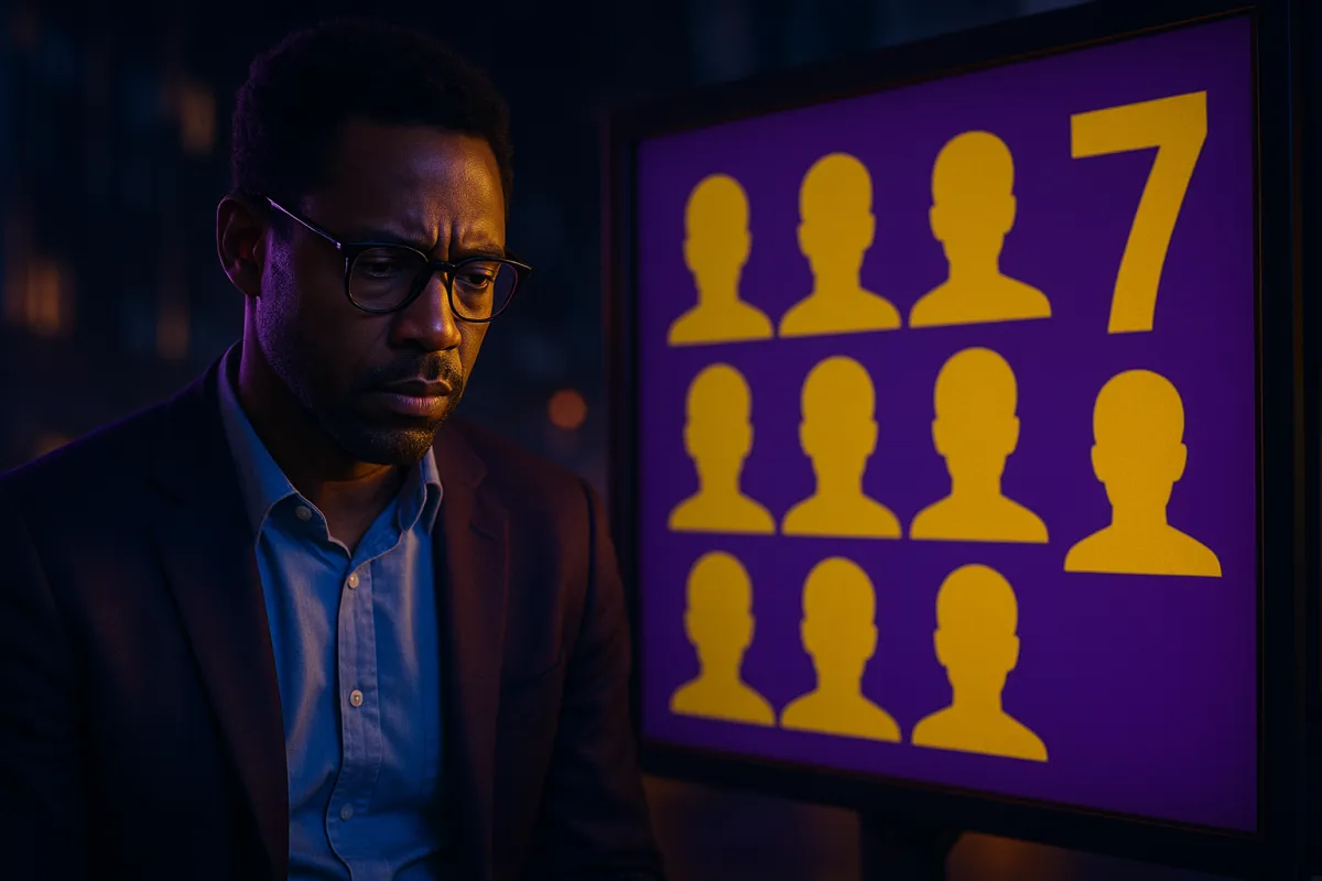 A serious-looking man in a dimly lit conference room studies a glowing yellow warning symbol in front of a purple screen displaying an upward-trending graph, representing the risks of loyalty-based marketing strategies.