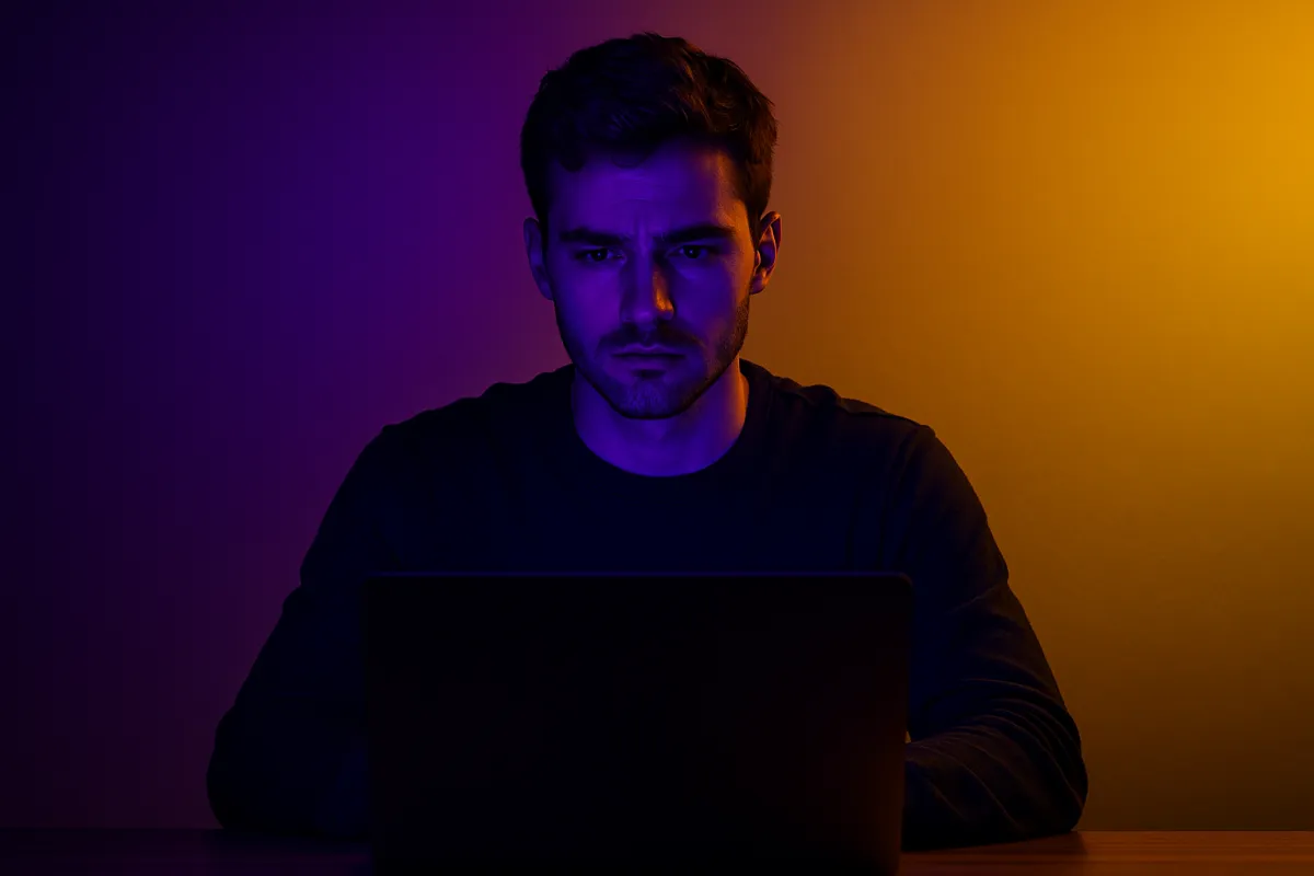 A serious-looking man in a dimly lit conference room studies a glowing yellow warning symbol in front of a purple screen displaying an upward-trending graph, representing the risks of loyalty-based marketing strategies.