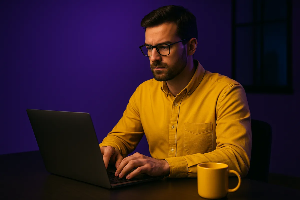 A serious-looking man in a dimly lit conference room studies a glowing yellow warning symbol in front of a purple screen displaying an upward-trending graph, representing the risks of loyalty-based marketing strategies.