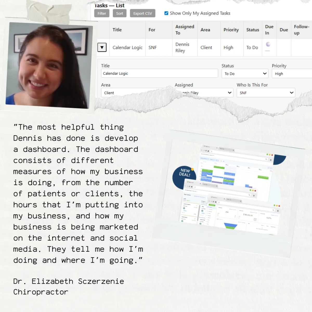 Client success quote of the benefit of using a data dashboard