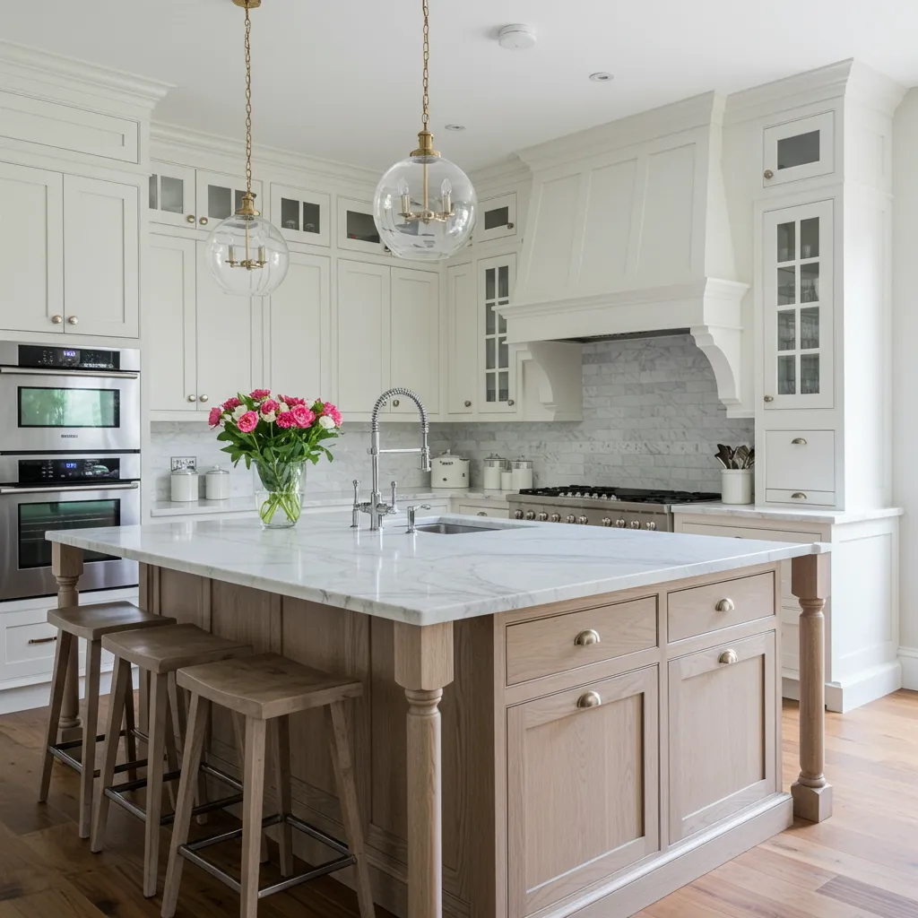 white wooden kitchen cabinet with white pendant lamp