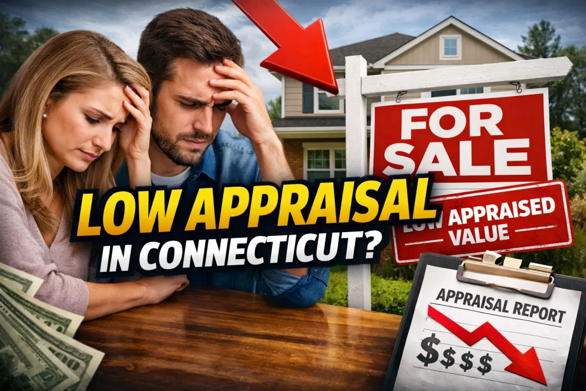 Stressed Connecticut home sellers reacting to a low appraisal with “For Sale” sign, appraisal report showing declining value, and “low appraised value” label—illustrating low home appraisal issues in Connecticut, pricing gaps, and challenges for buyers and sellers in the CT real estate market.