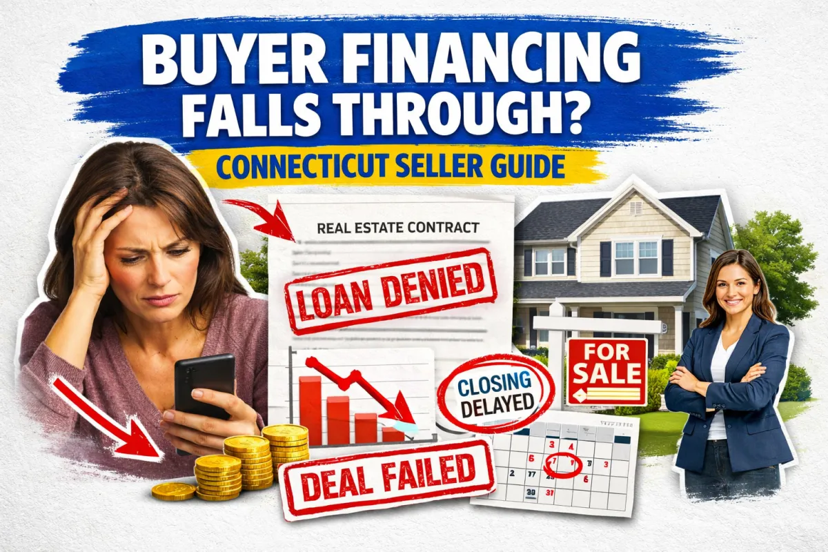 Connecticut home seller worried about financing falling through, with “loan denied,” “deal failed,” and “closing delayed” signs over real estate contract, declining chart, and house for sale—illustrating buyer financing issues in Connecticut real estate transactions and delayed closings in the CT housing market.