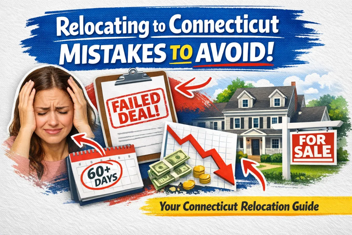 Frustrated homebuyer relocating to Connecticut facing real estate setbacks, with “failed deal,” 60+ day delays, declining market chart, and house for sale—highlighting common mistakes to avoid when moving to Connecticut and navigating the CT housing market successfully.