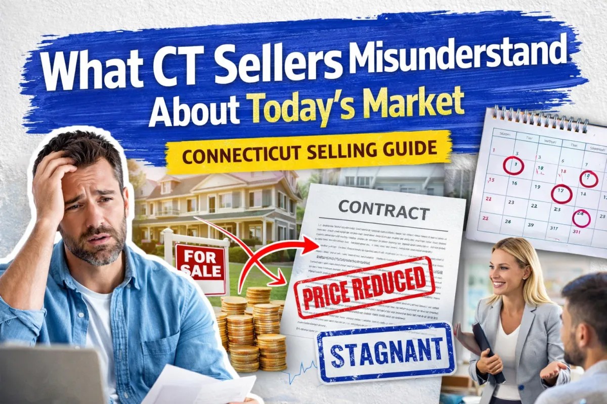 Confused Connecticut home seller reviewing paperwork as home sits for sale with “price reduced” and “stagnant” labels, contract changes, and timeline calendar—highlighting common misconceptions about today’s Connecticut real estate market and why homes may take longer to sell in CT.