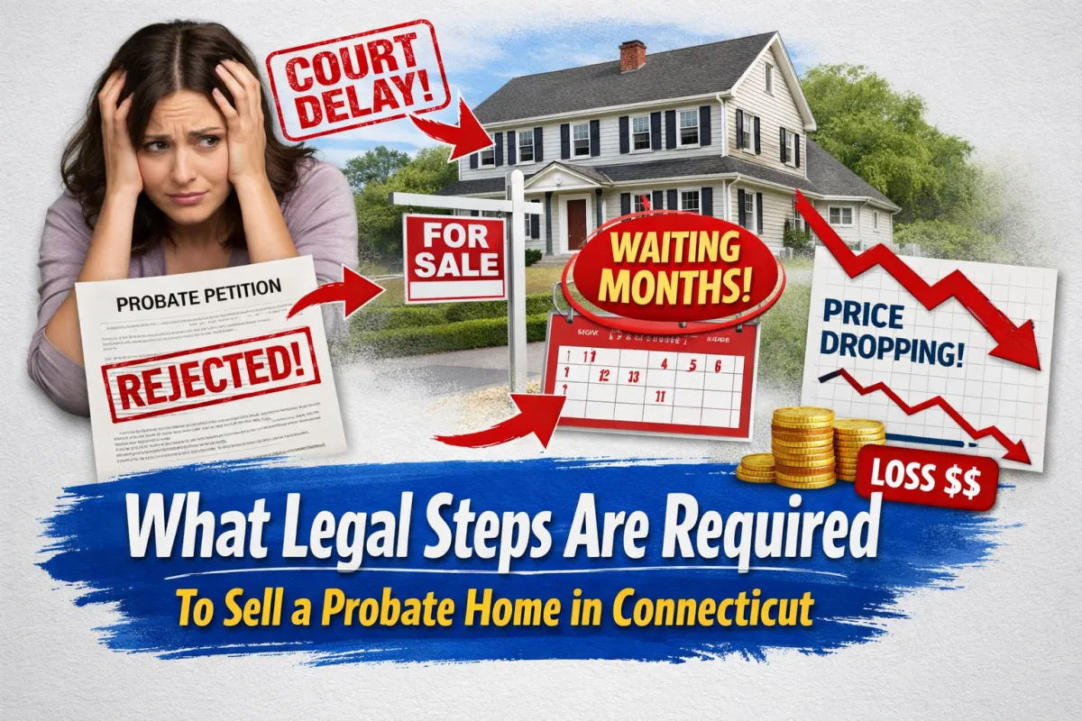 Stressed homeowner dealing with probate delays in Connecticut, featuring rejected probate petition, court delay notice, house for sale, months-long timeline, and falling home prices—illustrating legal steps, risks, and challenges when selling a probate property in Connecticut real estate.