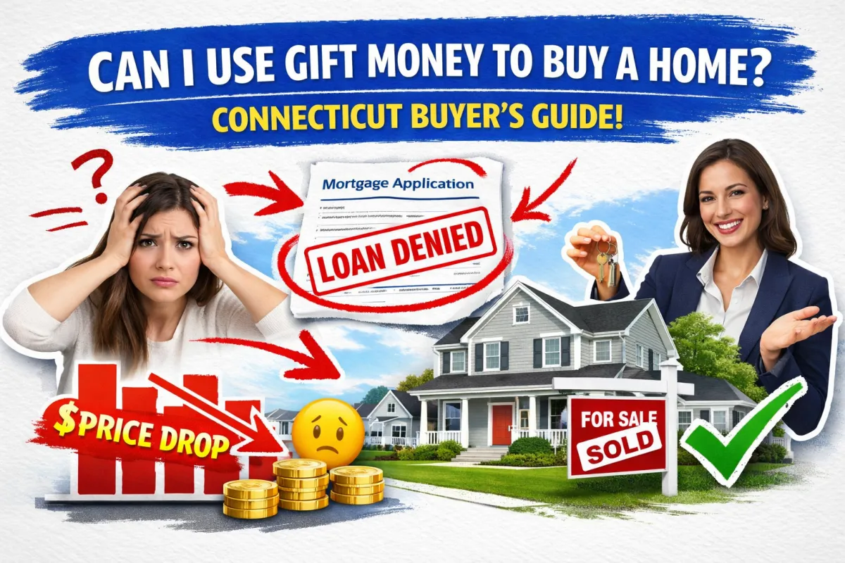 Connecticut homebuyer asking if gift money can be used to buy a home, with loan denied mortgage application, price drop chart, and successful home purchase with keys—illustrating rules for using gift funds in Connecticut real estate and how buyers can get approved and close successfully.