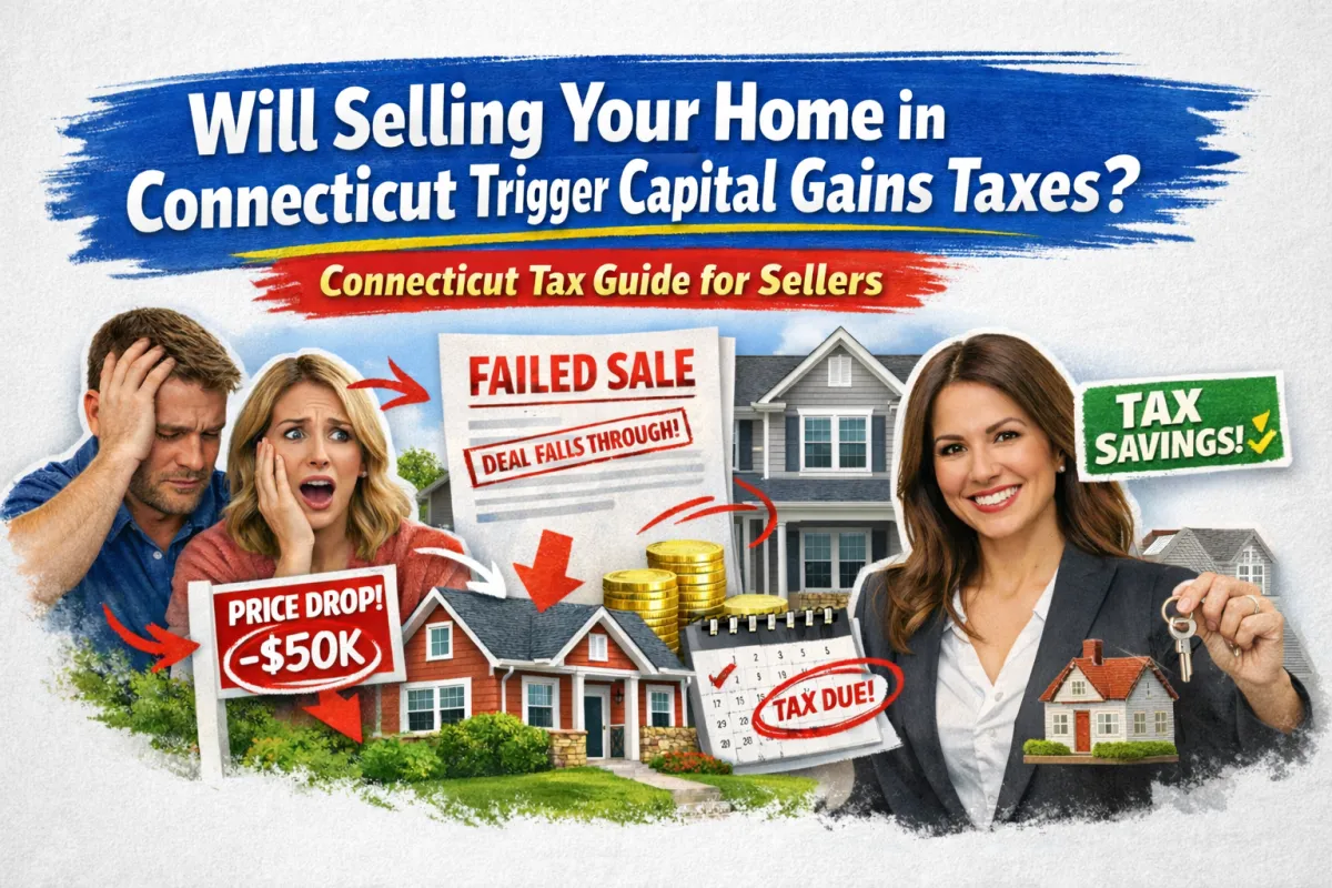 Connecticut home sellers worried about capital gains taxes, featuring failed sale, price drop, tax due calendar, and real estate agent showing tax savings—illustrating how selling a home in Connecticut impacts capital gains taxes and strategies to reduce tax liability for CT sellers.