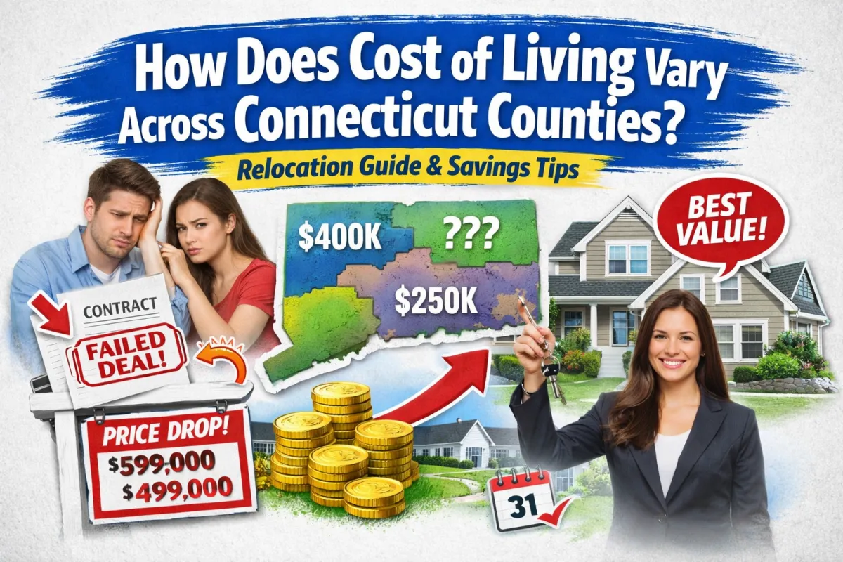 Connecticut cost of living comparison by county showing home prices ranging from $250K to $400K, price reductions, and best value housing opportunities—illustrating how living costs vary across Connecticut counties for buyers and those relocating.