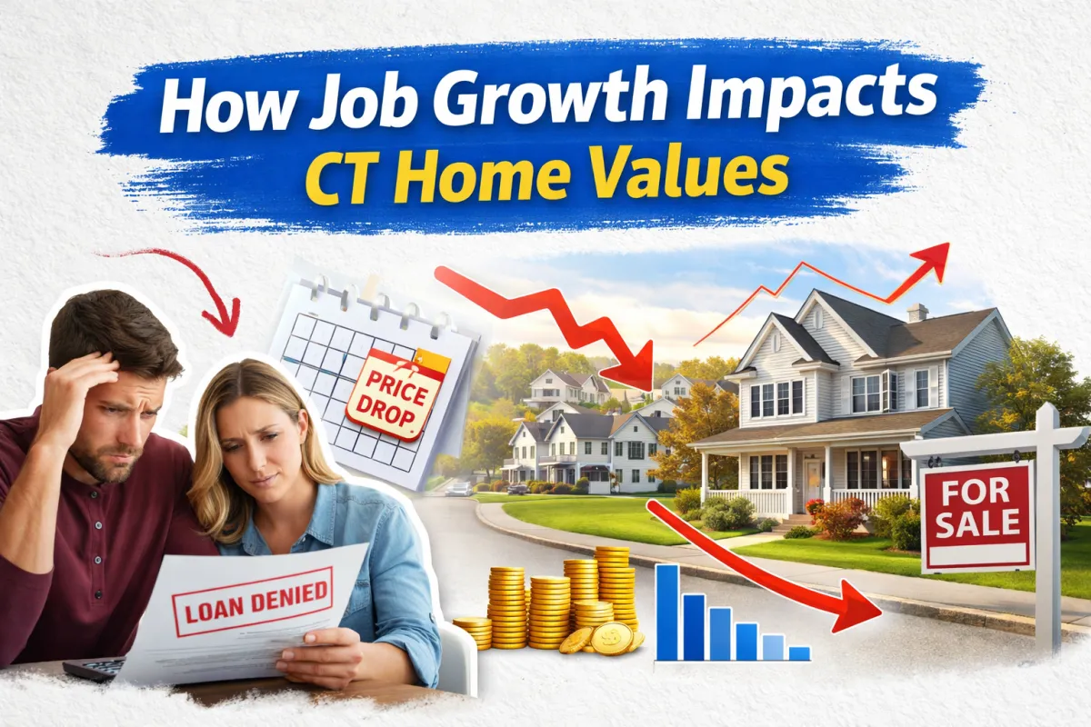 Connecticut housing market illustration showing how job growth impacts home values, including price drops, loan denial risks, and fluctuating property prices in CT neighborhoods for buyers and sellers.