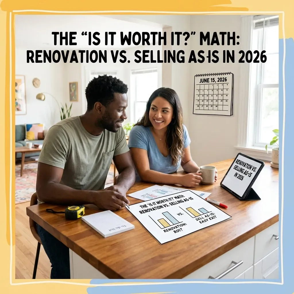 A hero image showing a split view of a dated room and a modern renovated room with a calculator representing the math of selling as-is.