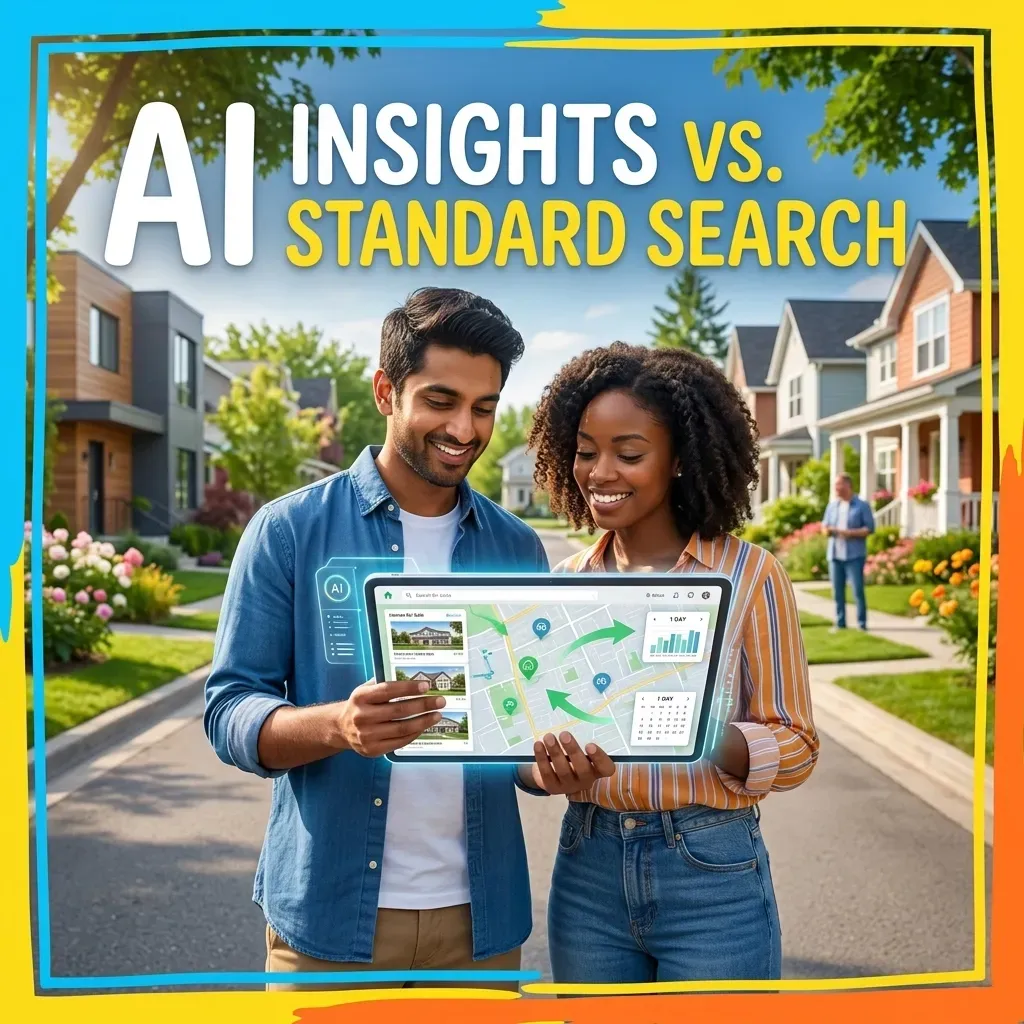 A modern digital interface showing AI driven real estate search results for Connecticut homes with lifestyle icons and data overlays.