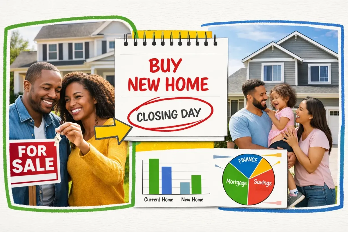 A family looking at a new Connecticut home while holding a sold sign from their previous house.